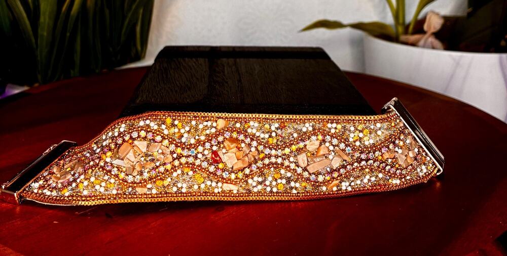 Cuff bracelet seed bead design with gemstones, magnetic clasp, 7”.
